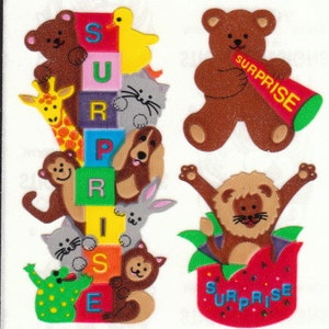 Pegatinas vintage de animales Sandylion para fiesta sorpresa - Kromekote de los años 80, león, mono, oso, jirafa, pato, perro, conejo, tarjeta de cumpleaños, álbum de recortes