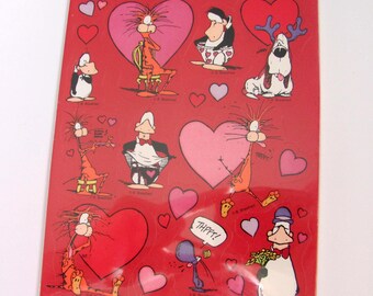 Bloom County Opus and Bill AGC Vintage Sticker Sheet - 80's Valentine Cartoon Berkeley Breathed Comic Strip Rabies Basset Hound Penguin Cat