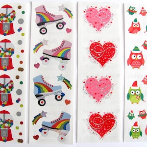 Strisce adesive glitterate Mrs Grossman - Pattini a rotelle, macchinetta per gomme da masticare arcobaleno, cuori decorati, amore, Natale, gufi, album