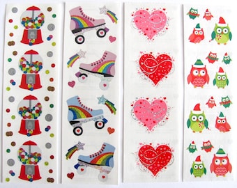 Glitter Fun Mrs Grossman Sticker Strips - Roller Skates Rainbow Gumball Machine Bubble Gum Fancy Hearts Love Christmas Owls Scrapbook