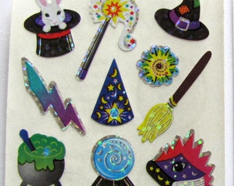 Magic Tricks Vintage Sandylion Glitter Sticker Mod - Crystal Ball Magician Wand Wizard Hat Rabbit Sorcery Sorcerer Scrapbook Collage