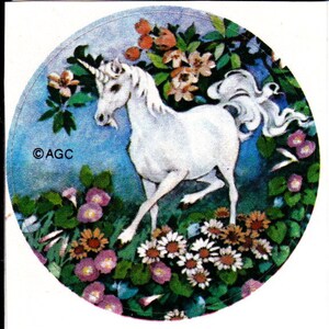 Seltener Vintage AGC Einhorn Aufkleber 80er Jahre - Fantasy Blumen Schmetterling Retro Sammlerstück Scrapbook Illustration