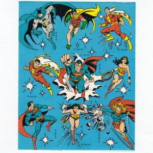 Feuille d'autocollants de super-héros vintage DC Comics - Wonderwoman Batman Robin Superman des années 80 The Flash Supergirl Cape Crusader