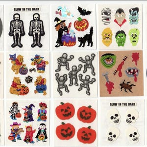 Adesivi vintage di Halloween Sandylion - Scegli tu - Scheletro peloso, mostro, vampiro, zucca, gatto, strega, pipistrello, teschio, ossa, fosforescente