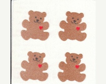 Sandylion Fuzzy Brown Bears with Red Hearts Vintage Stickers - 80's Teddy Bear Love Collectible