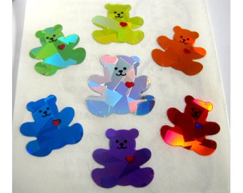 Vintage Sandylion Rainbow Heart Bears Prism Stickers - 80's Prismatic Teddy Bear Love