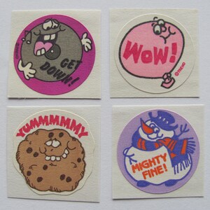 Trend Matte Scratch and Sniff Lot of Four Vintage 80&#39;s Stickers - Licorice Bubblegum Chocolate Chip Cookie Vanilla Snowman Scented Stinky