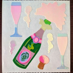 Pegatina grande con acabado perlado de champán y feliz año nuevo de Sandylion, estilo vintage, años 80, para celebrar el brindis, vino, ópalo, perlado, iridiscente, para álbum de recortes