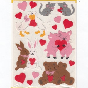 Hoja de pegatinas grandes vintage de animales peludos enamorados de Sandylion: collage de álbum de recortes con forma de corazón, ratón, cerdo, oso, conejito y gansos de los años 80