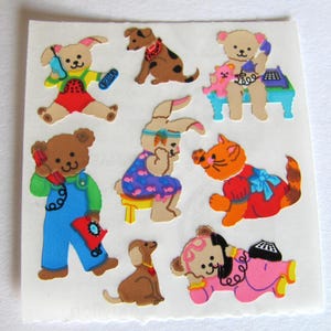 Adorable Animals on the Phone Vintage Sandylion Stickers - 80's Kromekote Teddy Bear Dog Bunny Cat Kitten Puppy Rabbit Scrapbook