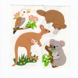 Autocollants vintage Kromekote, lion des sables, animaux d'Australie - Koala ours kangourou roo ornithorynque pie kookaburra oiseau