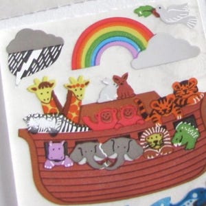 Noah's Ark Vintage Sandylion Foil Mylar Sticker Mod - Rainbow Monkey Lion Giraffe Bunny Zebra Elephant Tiger Pairs Boat Dove Lightning