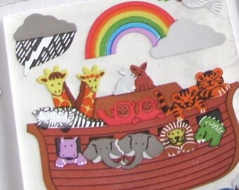 Noah's Ark Vintage Sandylion Foil Mylar Sticker Mod - Rainbow Monkey Lion Giraffe Bunny Zebra Elephant Tiger Pairs Boat Dove Lightning