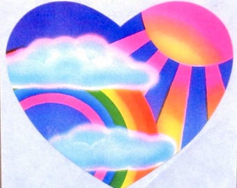 Adesivo raro vintage da Lisa Frank – Raios de Sol, Coração Arco-Íris, Item de Colecionador dos Anos 80 (7,6 cm)