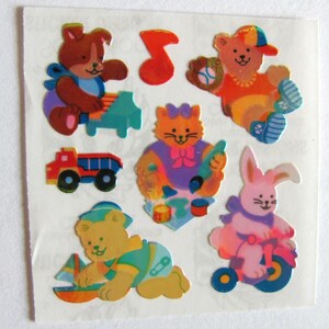 Baby-Tiere im Spiel Vintage Sandylion Pearly Stickers - 80er Jahre Teddybär Hase Welpe Kätzchen LKW Perle Opal MOP irisierend Scrapbook