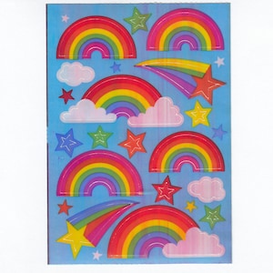 Regenbogen en vallende sterren Vintage Sandylion parelachtig maxi vel stickers - jaren 80 Pearl Opal iriserende dweilster sterren wolkenlucht regenboog