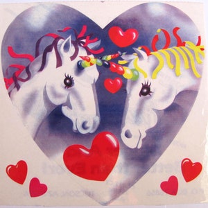 Feuille d'autocollants vintage JUMBO licornes amoureuses de Lisa Frank - Licorne coeur énorme très rare à collectionner des années 80