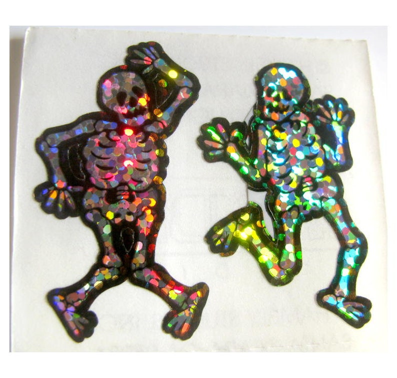 Rare Vintage Hambly Glitter Halloween Skeletons Sticker Mod 80's Dancing Skull Bone Scrapbook image 2