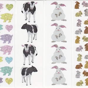 Tiras adesivas brilhantes de porcos, vacas, coelhos, Sra. Grossman - Edição limitada, glitter, porco, leitão, coração, coelho, vaca, fazenda, álbum de recortes, Holstein