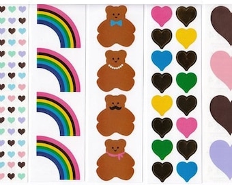 Hearts Teddy Bears and Rainbows Mrs Grossman Sticker Strips -  Foil Gold Copper Pastel Pink Lilac Aqua Mustache Bowtie Mini Scrapbook