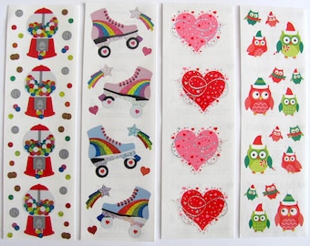 Glitter Fun Mrs Grossman Sticker Strips - Roller Skates Rainbow Gumball Machine Bubble Gum Fancy Hearts Love Christmas Owls Scrapbook