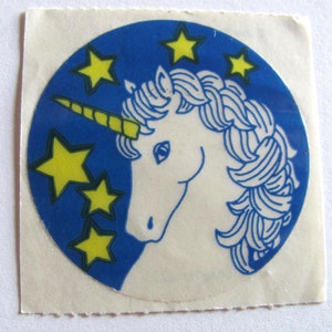 Transparante sticker Vintage Russ Dazzlers mooie eenhoorn - jaren 80 Gold Star Starry Night Fantasy Collectible