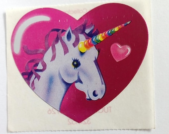 Pegatina vintage de Lisa Frank Marnie Unicornio - Corazón de lámina rosa metalizado de los 80