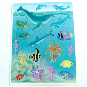 Wunderschöne Unterwasserkreaturen Hallmark Rare Vintage 80er Jahre Sticker Bogen - Delfin Wal Fisch Hai Seestern Oktopus Seepferdchen Krabbe Sammlerstück