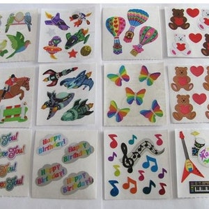 Sandylion mylar folie vintage stickers - aan jou de keuze - parkiet ruimteschip alien heteluchtballon beer hart vlinder liefde verjaardag muziek