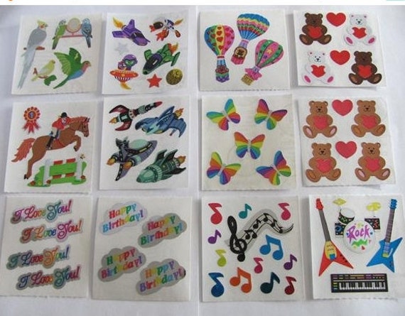 Sandylion Mylar Foil Vintage Stickers - You Choose - Parakeet Spaceship Alien Hot Air Balloon Bear Heart Butterfly Love Birthday Music