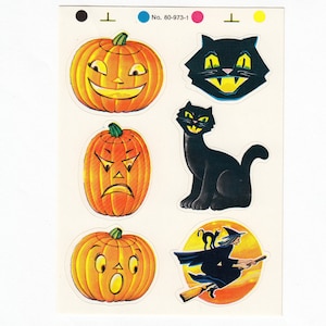 Foglio di adesivi Dennison vintage di Halloween - Zucca Jack O' Lantern degli anni '80, Strega Gatto Nero, Gatto Nero, Chat Noir, Album di ritagli