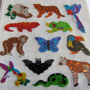 Vintage Sandylion Glitter Jungle Animals Mini Stickers - 80's Leopard Tiger Panda Rhino Wolf Whale Bear Turtle Elephant Kangaroo Frog Bat