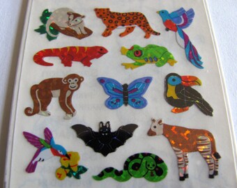 Vintage Sandylion Glitter Jungle Animals Mini Stickers - 80's Leopard Tiger Panda Rhino Wolf Whale Bear Turtle Elephant Kangaroo Frog Bat