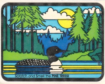 Vintage sticker mello geur krab en snuif bos pijnbomen - jaren 80 wilde eend groenblijvende geurende bossen collectible