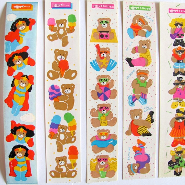 Toots Cardesign Vintage Teddy Bear Sticker Strips -  You Choose 80's Teddies Bears Ice Cream Workout Beach Dress Up Superhero Jazzercise