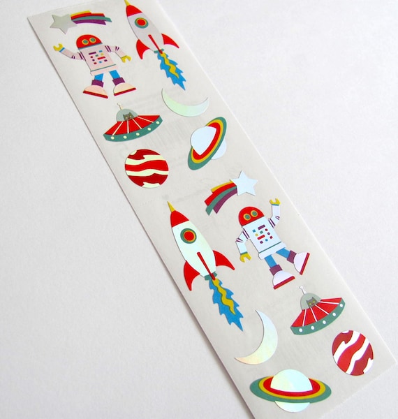 Retro Holographic Space Mrs Grossman Metallic Sticker Strip - Spaceship UFO Robot Saturn Rocket Shooting Star Moon Silver Reflective Foil