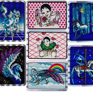 Fantasy Einhörner und Harlekine Vintage Verkaufsautomat Prisma Aufkleber - Sie wählen - Pegasus Einhorn Karussell Pferd Prismatic Sue Dawes