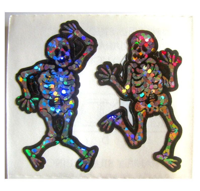 Rare Vintage Hambly Glitter Halloween Skeletons Sticker Mod 80's Dancing Skull Bone Scrapbook image 3