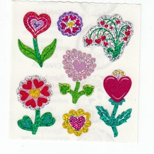 Pegatina de prisma Sandylion vintage con purpurina y forma de corazón, estilo flor brillante, de los 80, con purpurina, corazones sangrantes, margaritas y plantas. Álbum de recortes.