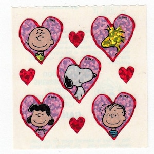 Peanuts Vintage Sandylion Glitter Valentine Heart Sticker Sheet - Snoopy Woodstock Charlie Brown Lucy Linus Dog Bird Cartoon Comic