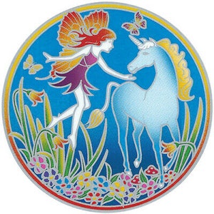 Rare grand autocollant transparent Sunstreamer fée et licorne illuminations - décoration de style vitrail de 15 cm, fleurs fantastiques