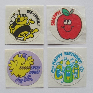 Trend Matte Scratch and Sniff Lot of Four Vintage 80&#39;s Stickers - Honey Bee Snappy Apple Lemon Chick Happy Birthday Candles Scented Stinky
