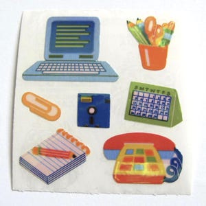 Vintage Sandylion Pearly datorklistermärken för kontor - 80-talets pärlfärgade opal telefondiskett anteckningsblock skimrande mop klippbok collage