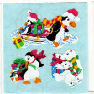 Adorables pingouins et ours d'hiver rare vintage léopard autocollant Mod - animaux de l'Arctique des années 80 traîneau macareux macareux Kromekote support bleu