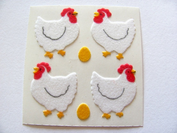 Vintage Sandylion Fuzzy Chicken Sticker Mod - 80's Bird Scrapbook Hen Egg Chick