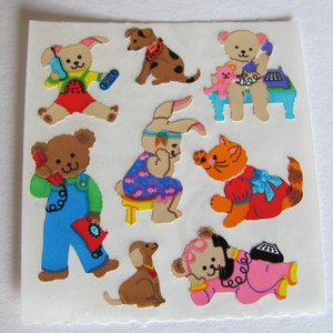 Entzückende Tiere am Telefon Vintage Sandylion Aufkleber - 80er Jahre Kromekote Teddy Bär Hund Hase Katze Kätzchen Welpe Kaninchen Scrapbook