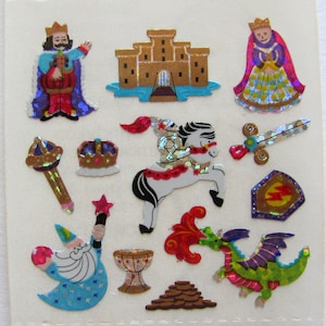 Vintage Sandylion Wizard Knight Dragon Castle Medieval Glitter Stickers - 80&#39;s Sword King Queen Armor Chalice Scrapbook Collage