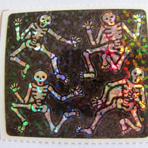 Rare Vintage Hambly Glitter Halloween Skeletons Sticker Mod - 80&#39;s Dancing Skull Bone Scrapbook