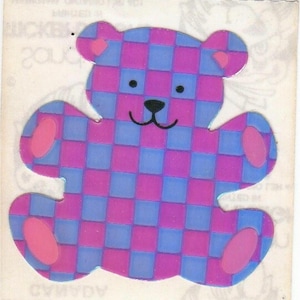 Vintage Sandylion Pearl Finish Checkered Bear Sticker - 80's Opal Check Print Purple Iridescent MOP Pearly Teddy