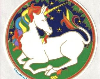 Illuminations White Unicorn Vintage Sticker - 80's Fantasy Rainbow Mane Gold Scrapbook Collage Starry Night
